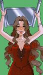  1girl aerith_gainsborough arms_up bangs bare_shoulders blush bracelet breasts brown_hair chair cleavage cowboy_shot dress fighting_stance final_fantasy final_fantasy_vii final_fantasy_vii_remake flamenco_dress flower folding_chair green_background green_eyes hair_flower hair_ornament highres holding_chair jewelry long_hair looking_at_viewer medium_breasts necklace official_alternate_costume open_mouth parted_bangs ponytail red_dress red_flower red_lips sidelocks smile softp3ach solo strapless strapless_dress wavy_hair 
