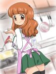  1girl apron bangs black_thighhighs blouse blunt_bangs closed_mouth commentary cooking dutch_angle from_behind girls_und_panzer green_skirt holding holding_ladle holding_saucer indoors kitchen ladle long_hair long_sleeves looking_at_viewer looking_back miniskirt ooarai_school_uniform orange_eyes orange_hair pink_apron pleated_skirt saucer school_uniform serafuku shirt skirt smile solo standing takahashi_kurage takebe_saori thighhighs white_shirt 