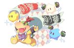  1boy arms_up bandana blush bowser_jr. bracelet children&#039;s_day claws fang food full_body holding holding_food horns hoshikuzu_pan jewelry koinobori luma_(mario) male_focus mario_(series) no_humans open_mouth plaid plaid_background red_hair running sakura_mochi shell simple_background smile sparkle spiked_shell spikes super_mario_galaxy turtle_shell v-shaped_eyebrows wagashi white_background white_bandana windsock 