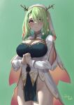  1girl absurdres antlers bangs blush braid braided_bangs breasts ceres_fauna cleavage cleavage_cutout clothing_cutout green_hair groin habit hair_ornament highres hololive hololive_english kuutamo large_breasts long_hair looking_at_viewer mole mole_under_eye multicolored_hair nun virtual_youtuber yellow_eyes 
