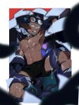  1boy abs arknights black_shorts blue_hair dark-skinned_male dark_skin ethan_(arknights) facial_hair goatee goggles goggles_on_head male_focus monster nipples pectorals plant_monster pointy_ears seaborn_(arknights) shorts slime_(substance) sweatdrop tentacles topless_male yaowu 