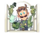  1boy antenna_hair blue_eyes blue_pants brown_hair buttons closed_mouth counter facial_hair gloves green_shirt hand_up holding holding_watering_can hoshikuzu_pan indoors long_sleeves looking_away looking_down luigi male_focus mario_(series) mustache no_headwear open_window overalls pants plant potted_plant shirt short_hair sideways_glance smile solo watering_can white_gloves window 