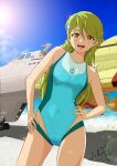  1girl :d absurdres alternate_costume annin_tofu bangs blonde_hair blue_one-piece_swimsuit breasts brown_eyes commentary_request covered_navel hands_on_hips highres long_hair looking_at_viewer medium_breasts one-piece_swimsuit open_mouth sasha_(uchuu_senkan_yamato) science_fiction smile solo spacecraft swept_bangs swimsuit uchuu_senkan_yamato uchuu_senkan_yamato_2205:_arata_naru_tabidachi yamato_(uchuu_senkan_yamato) 