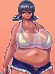  1girl aburakkoi_(nijiura_maid) aqua_eyes bangs bare_arms bare_shoulders belly big_belly bikini bikini_under_clothes black_hair blue_shorts breasts cleavage crop_top cutoffs dark-skinned_female dark_skin denim denim_shorts flipped_hair futaba_channel gradient gradient_background hair_between_eyes hand_up highres holding huge_breasts kuma_(kumahoihoi) medium_hair navel nijiura_maids open_fly open_mouth outline see-through shiny shiny_hair shiny_skin short_shorts shorts solo striped striped_bikini sweat swimsuit tank_top unzipped white_outline zipper 