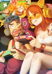  1girl 3boys :q animal_ear_headphones animal_ears bare_legs blue_shorts breasts brown_hair cat_ear_headphones character_name cleavage collarbone fake_animal_ears green_hair green_headwear grin handheld_game_console headphones headset highres long_hair long_nose medium_breasts microphone monkey_d._luffy multiple_boys nami_(one_piece) oekakiboya one_piece open_mouth pants pointy_ears red_pants roronoa_zoro scar scar_on_cheek scar_on_face shirt short_hair short_shorts shorts shoulder_tattoo sleeveless sleeveless_shirt smile spoilers tattoo tongue tongue_out usopp white_shirt 