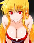  1girl bangs bare_shoulders black_background blonde_hair breasts christmas cleavage closed_mouth commentary dress engo_(aquawatery) fate_testarossa fur-trimmed_dress fur_trim highres large_breasts leaning_forward long_hair looking_at_viewer lyrical_nanoha mahou_shoujo_lyrical_nanoha_strikers red_eyes santa_dress sidelocks smile solo strapless strapless_dress upper_body 
