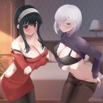  2girls bed bedroom black_bra black_hair blurry blurry_background bra breasts brown_pantyhose cleavage closed_mouth clothes_lift clothes_pull earrings fiona_frost grey_eyes hair_over_one_eye hairband indoors jewelry large_breasts long_hair long_sleeves looking_at_viewer mujinbensin multiple_girls off_shoulder pantyhose pantyhose_pull purple_sweater red_eyes red_sweater short_hair spy_x_family sweater sweater_lift underwear white_hair white_hairband yor_briar 