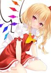  1girl :p ascot blonde_hair blush crystal flandre_scarlet looking_at_viewer no_headwear puffy_short_sleeves puffy_sleeves red_eyes red_skirt short_sleeves sitting skirt solo tongue tongue_out tosakaoil touhou vest white_background wings 