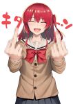  1girl :d ^_^ bocchi_the_rock! censored censored_gesture closed_eyes double_middle_finger kita_ikuyo middle_finger mosaic_censoring nani_ga_warui one_side_up red_hair sailor_collar school_uniform smile solo umihotaru_harumare upper_body white_background 