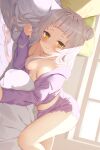  1girl absurdres bangs blush breasts cleavage grey_hair hair_bun hair_over_breasts hair_over_one_breast highres hololive long_hair long_sleeves looking_at_viewer lying murasaki_shion on_bed on_side open_clothes open_shirt purple_shirt saki_(saki_paint) shirt sideways single_hair_bun small_breasts smile solo virtual_youtuber yellow_eyes 