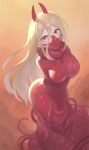  1girl blonde_hair chainsaw_man commentary_request cross-shaped_pupils gagged hair_between_eyes highres horns long_hair looking_at_viewer orange_eyes power_(chainsaw_man) raftetram red_horns restrained solo sweatdrop symbol-shaped_pupils tentacles 