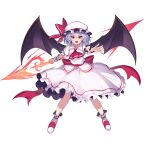  1girl bat_wings bow cibo_(killy) collared_shirt full_body hat hat_bow highres looking_at_viewer mob_cap open_mouth outstretched_hand pointy_ears purple_hair red_bow remilia_scarlet shirt shoes short_sleeves simple_background skirt skirt_set slit_pupils solo spear_the_gungnir touhou waist_bow white_background white_headwear white_shirt white_skirt wings wrist_cuffs 