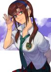  1girl adjusting_eyewear arm_behind_back blue_hairband brown_hair closed_mouth collared_shirt evangelion:_2.0_you_can_(not)_advance glasses green_eyes green_necktie hairband hand_up hungry_clicker interface_headset looking_at_viewer low_twintails makinami_mari_illustrious medium_hair necktie neon_genesis_evangelion plaid plaid_skirt rebuild_of_evangelion red-framed_eyewear school_uniform shirt short_sleeves skirt smile solo twintails upper_body white_shirt 