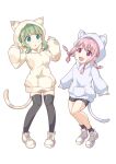  2girls :d :o animal_hood aqua_eyes arms_at_sides bangs black_shorts black_socks black_thighhighs blunt_bangs blush commentary_request full_body futaba_sana green_hair hands_up highres hood hood_up hoodie legs_apart legs_together long_hoodie long_sleeves looking_at_another low_tied_sidelocks magia_record:_mahou_shoujo_madoka_magica_gaiden mahou_shoujo_madoka_magica medium_hair multi-tied_hair multiple_girls niyadepa no_nose open_mouth parted_lips pigeon-toed pink_eyes pink_hair pocket polka_dot polka_dot_hoodie shoes shorts sidelocks simple_background smile sneakers socks standing swept_bangs tail tamaki_ui thighhighs wavy_hair white_background white_footwear white_hoodie yellow_hoodie 