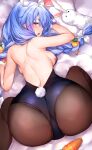  1girl :o animal_ears areola_slip ass bangs bare_back bed black_leotard blush bow braid breasts carrot carrot_hair_ornament chiyingzai don-chan_(usada_pekora) food-themed_hair_ornament from_above from_behind hair_bow hair_ornament highres hololive leotard looking_at_viewer medium_breasts multicolored_hair on_bed open_mouth pantyhose playboy_bunny rabbit_ears rabbit_tail red_eyes sideboob tail thick_eyebrows top-down_bottom-up twin_braids two-tone_hair usada_pekora virtual_youtuber white_bow 