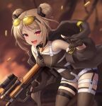  1girl :d belt black_gloves black_thighhighs blonde_hair breasts bullpup chagara commentary_request commission covered_navel cowboy_shot double_bun eyewear_on_head fingerless_gloves girls&#039;_frontline gloves gun hair_bun highres holding holding_weapon leaning_forward looking_at_viewer micro_shorts open_mouth p90 p90_(girls&#039;_frontline) p90_(scarlet_turbo)_(girls&#039;_frontline) paid_reward_available red_eyes shell_casing short_hair shorts skeb_commission small_breasts smile solo standing standing_on_one_leg submachine_gun sunglasses tank_top thigh_strap thighhighs trigger_discipline twitter_username v-shaped_eyebrows watermark weapon 