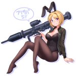  1girl black_corset blonde_hair blue_eyes bomber_jacket corset ellen_aice green_jacket highres holding_rocket_launcher jacket muvluv muvluv_unlimited:_the_day_after pantyhose panzerfaust_3 playboy_bunny rocket_launcher shadow short_hair smile solo speech_bubble waruzamurai weapon white_background 