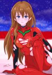  1girl absurdres aged_up bangs beach blue_eyes blush bodysuit breasts brown_hair cleavage evangelion:_3.0+1.0_thrice_upon_a_time hair_between_eyes highres lcl long_hair looking_at_viewer medium_breasts neon_genesis_evangelion night night_sky no_headgear ocean pilot_suit plugsuit rebuild_of_evangelion red_bodysuit red_ocean science_fiction sitting sky solo souryuu_asuka_langley thighs torn_bodysuit torn_clothes tsunemoku wardrobe_malfunction 