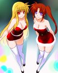  2girls alternate_costume arms_behind_back bangs bare_shoulders belt black_belt black_footwear blonde_hair breasts brown_hair christmas cleavage closed_mouth commentary dress engo_(aquawatery) fate_testarossa flats fur-trimmed_dress fur_trim highres large_breasts leaning_forward long_hair looking_at_viewer lyrical_nanoha mahou_shoujo_lyrical_nanoha_strikers medium_breasts microdress multiple_girls purple_eyes red_eyes santa_dress side-by-side side_ponytail sidelocks smile standing standing_on_one_leg strapless strapless_dress takamachi_nanoha thighhighs very_long_hair white_belt white_thighhighs 