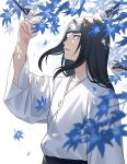  1boy bird bird_on_hand black_hair blue_leaf byakugan forehead_protector highres hyuuga_neji konohagakure_symbol long_hair looking_at_another male_focus naruto_(series) naruto_shippuuden no_pupils robe solo usao_(313131) white_background white_eyes white_robe 