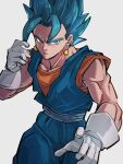  1boy bangs blue_eyes blue_hair commentary_request dougi dragon_ball dragon_ball_super earrings gloves jewelry kemachiku looking_at_viewer male_focus muscular muscular_male pointy_hair potara_earrings simple_background sleeveless solo super_saiyan super_saiyan_blue vegetto white_background white_gloves 
