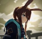  1girl absurdres amiya_(arknights) animal_ears arknights arms_at_sides bangs blue_coat blurry blurry_background brown_hair closed_mouth cloud cloudy_sky coat commentary drawdrawdeimos extra_ears green_eyes highres hood hood_down hooded_coat jabot long_hair looking_afar outdoors ponytail rabbit_ears sidelocks sky solo upper_body 