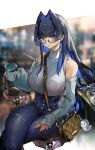  1girl absurdres bag bangs bare_shoulders between_breasts blue_eyes blue_hair blue_pants blunt_bangs blurry blurry_background boros_(ouro_kronii) breasts brown_bag cafe clothing_cutout coffee_cup crossed_legs cup denim disposable_cup english_commentary glasses hair_intakes handbag high-waist_pants highres holding holding_cup hololive hololive_english indoors jeans large_breasts light_blush long_hair long_sleeves looking_at_viewer official_alternate_costume ouro_kronii pants semi-rimless_eyewear shirt shoulder_cutout sitting sleeves_past_wrists solo strap_between_breasts virtual_youtuber vyragami white_shirt 
