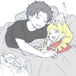  1boy 1girl beatrice_(re:zero) bed bed_sheet black_hair blonde_hair closed_eyes drill_hair fhe_8 grin happy long_hair natsuki_subaru on_bed open_mouth re:zero_kara_hajimeru_isekai_seikatsu shirt short_hair sidelocks sleeping smile t-shirt twin_drills 