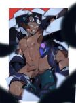  1boy abs arknights blue_hair completely_nude dark-skinned_male dark_skin erection ethan_(arknights) facial_hair goatee goggles goggles_on_head male_focus monster navel nipples nude pectorals penis plant_monster pointy_ears seaborn_(arknights) shorts slime_(substance) sweatdrop tentacles testicles yaowu 