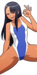  1girl black_hair breasts brown_eyes covered_navel half-closed_eyes ijiranaide_nagatoro-san long_hair mike_inel nagatoro_hayase ok_sign one-piece_swimsuit open_mouth raised_eyebrow small_breasts solo spread_legs swimsuit tan thick_thighs thighs transparent_background 