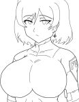  1girl breasts closed_mouth commentary earrings edwin_black_(darkzerokc) english_commentary hair_between_eyes huge_breasts jewelry lineart looking_at_viewer original self_upload short_hair simple_background solo spacesuit upper_body white_background 