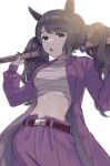  1girl animal_ears bangs belt bokken breasts brown_eyes brown_hair chest_sarashi coat cowboy_shot fig_(lchijiku) hands_up highres holding holding_sword holding_weapon horse_ears long_hair long_sleeves looking_at_viewer medium_breasts navel official_alternate_costume open_mouth pants purple_coat purple_pants sarashi signature simple_background solo sword tosen_jordan_(umamusume) twintails umamusume umayuru weapon white_background wooden_sword 