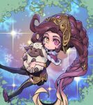  1girl animal bangs blonde_hair blue_background blush_stickers braid brown_background brown_hair capelet foot_out_of_frame freckles gem hair_ornament heterochromia holding holding_animal league_of_legends long_hair long_sleeves looking_at_viewer multicolored_background phantom_ix_row pink_capelet pink_eyes sheep shiny shoes smile snowflakes solo thighhighs winterblessed_zoe yellow_eyes zoe_(league_of_legends) 