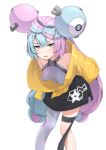  1girl absurdres arms_behind_back bangs breasts character_hair_ornament collarbone commentary_request green_hair grey_pantyhose grey_shirt hair_ornament highres iono_(pokemon) jacket leaning_forward long_hair looking_at_viewer multicolored_hair open_mouth pantyhose pokemon pokemon_(game) pokemon_sv purple_hair sharp_teeth shirt single_leg_pantyhose sleeveless sleeveless_shirt solo star_(symbol) star_print teeth thigh_strap twintails two-tone_hair upper_teeth_only valefal_coneri white_background yellow_jacket 
