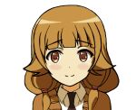  1girl bangs black_necktie blush brown_eyes brown_hair brown_sweater closed_mouth collared_shirt derivative_work dot_nose futsuu_no_joshikousei_ga_locodol_yattemita hair_tie low_twintails natsume_shima nazukari_mirai necktie portrait shirt simple_background smile solo straight-on sweater twintails upper_body white_background white_shirt 