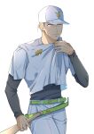  1boy baseball_bat baseball_cap baseball_uniform belt bonggi_jojo diamond_wa_kudakenai facial_mark grey_hair hat highres jojo_no_kimyou_na_bouken long_sleeves male_focus nijimura_okuyasu solo sportswear upper_body white_headwear 