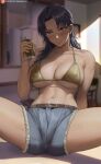  1girl bangs bare_shoulders belt bikini blue_shorts blurry blurry_background blush breasts brown_belt can chair collarbone covered_nipples cutoffs day denim denim_shorts drooling highres holding holding_can indoors katsuragi_misato large_breasts looking_at_viewer navel neon_genesis_evangelion parted_bangs parted_lips patreon_logo patreon_username purple_hair saliva shadow shexyo short_shorts shorts sitting skindentation solo spread_legs string_bikini sunlight swimsuit thick_thighs thighs underboob web_address yellow_bikini 