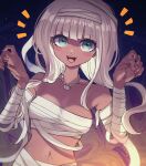  1girl :d artist_name bandaged_arm bandaged_head bandages bangs bare_shoulders blush_stickers claw_pose collarbone danganronpa_(series) danganronpa_v3:_killing_harmony dark-skinned_female dark_skin grey_hair happy jewelry looking_at_viewer mikao_(eanv5385) multicolored_background mummy_costume navel navel_piercing necklace notice_lines open_mouth piercing sarashi shell_necklace shiny shiny_hair smile solo upper_body watermark yonaga_angie 
