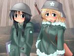  2girls bangs black_eyes black_hair blonde_hair blue_eyes blush chito_(shoujo_shuumatsu_ryokou) fur_trim gun hair_between_eyes helmet highres higurashi_no_naku_koro_ni long_hair low_twintails military_helmet multiple_girls parody poppos rifle ryuukishi07_(style) shoujo_shuumatsu_ryokou sprite stahlhelm style_parody twintails weapon yuuri_(shoujo_shuumatsu_ryokou) 