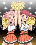  2girls absurdres anima_yell! armpits arms_up bangs blurry blurry_background blush breasts ceiling_light cheerleader flat_chest hair_ribbon hatoya_kohane highres lights looking_at_viewer multiple_girls open_mouth pink_eyes pink_hair pom_pom_(cheerleading) red_eyes red_hair ribbon signature skirt sleeveless small_breasts sweat twintails uniform ushiku_kana vzmk2 