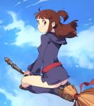  1girl ass blue_sky boots broom broom_riding brown_eyes brown_hair cloud flying full_body highres hood hood_down kagari_atsuko knee_boots little_witch_academia long_hair looking_at_viewer no_pants optionaltypo panties sky smile solo underwear white_panties 