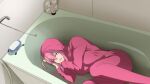 1girl bangs bathroom bathtub bocchi_the_rock! breasts cube_hair_ornament gotou_hitori hair_ornament hair_over_eyes highres jacket long_hair lying medium_breasts on_side one_side_up open_mouth pants pink_hair pink_jacket pink_pants sinensian soap solo track_jacket track_pants tvfilthyfrank wavy_mouth 