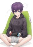  1girl baggy_clothes black_hoodie blue_eyes blue_nails cigarette copyright_request earrings fingernails grey_shorts hair_between_eyes highres hood hood_down hoodie indian_style jewelry long_sleeves looking_at_viewer masuo mouth_hold nail_polish nintendo_switch purple_hair short_hair shorts sitting smoke smoking solo 