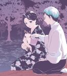  1boy 1girl animal bangs black_hair black_pants calico cat floral_print gradient_eyes grey_eyes grey_hair hair_up highres holding holding_animal holding_cat japanese_clothes kimetsu_no_yaiba kimono kneeling long_sleeves multicolored_eyes namisonpictures outdoors pants print_kimono shirt short_hair sitting smile swept_bangs tamayo_(kimetsu_no_yaiba) tree white_shirt wide_sleeves yushiro_(kimetsu_no_yaiba) 