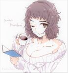  1girl arm_under_breasts book breasts brown_eyes brown_hair character_name cleavage coffee collarbone cup hands_up holding holding_book holding_cup kawakami_sadayo large_breasts looking_at_viewer medium_hair one_eye_closed open_book persona persona_5 smile solo steam sweater twitter_username upper_body white_background white_sweater yaoto 