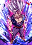  1boy abs aura batm_andrew dougi dragon_ball dragon_ball_super dragon_ball_super_super_hero electricity from_above furrowed_brow gohan_beast highres male_focus muscular muscular_male red_eyes smile solo son_gohan torn_clothes watermark white_hair wristband 