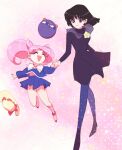  2girls bangs bishoujo_senshi_sailor_moon black_dress black_footwear black_hair blue_pantyhose blue_shirt bob_cut bow breasts chibi_usa closed_eyes cone_hair_bun double_bun dress dress_bow dress_flower female_child flower full_body hair_bun hat hat_removed headwear_removed highres holding_hands long_sleeves luna-p medium_breasts midriff_peek multiple_girls namisonpictures open_mouth pantyhose parted_bangs parted_lips pink_footwear pink_hair pink_socks purple_eyes rose shirt short_dress short_hair short_twintails smile socks sun_hat tomoe_hotaru twintails white_bow yellow_flower yellow_rose 