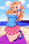  1girl 5-ish anklet arms_behind_head bangs bare_shoulders beach blonde_hair blue_eyes blue_shirt cloud collarbone day haley_(stardew_valley) highres jewelry long_hair necklace orange_hair outdoors pier shirt skirt sky smile solo stardew_valley 