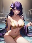  1girl ai-generated ai_user_zceh3238 bare_shoulders bikini breasts cleavage collarbone commentary_request flower genshin_impact highres large_breasts long_hair looking_at_viewer nai_diffusion purple_eyes purple_flower purple_hair raiden_shogun smile solo swimsuit very_long_hair 