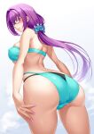  1girl absurdres ass back bangs bare_shoulders bikini black_bikini breasts fate/grand_order fate_(series) from_behind glasses green_bikini hair_between_eyes highres large_breasts long_hair looking_at_viewer looking_back mukunokino_isshiki purple_hair red_eyes scathach_(fate) scathach_skadi_(fate) scathach_skadi_(swimsuit_ruler)_(fate) scathach_skadi_(swimsuit_ruler)_(final_ascension)_(fate) solo swimsuit thighs two-tone_bikini 